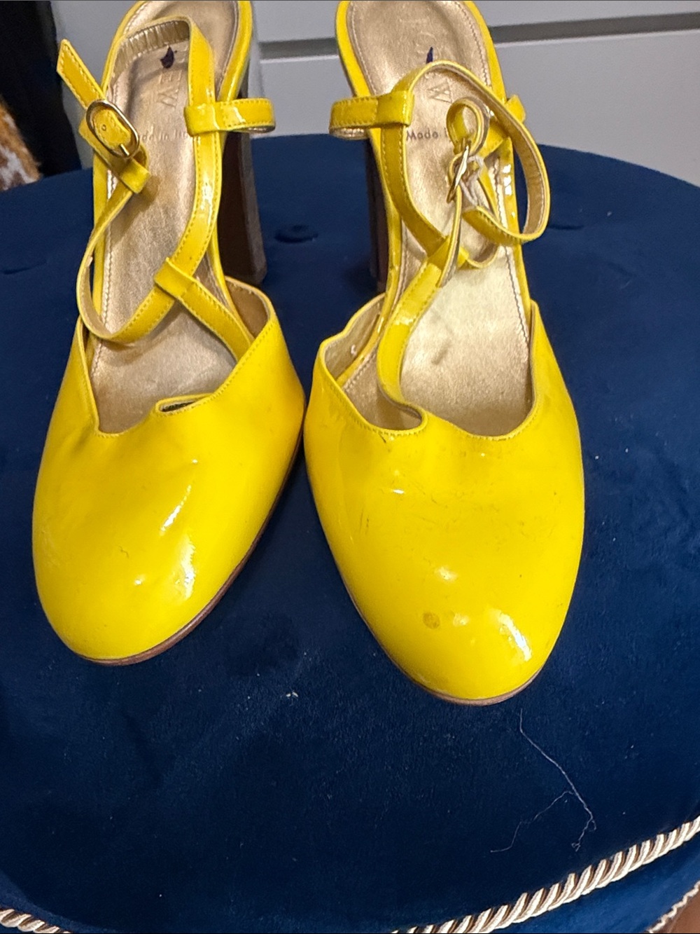 J. Crew Yellow Patent Mary Jane Block Heels